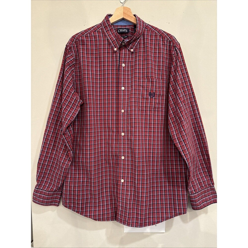 VTG Men’s Chaps Long Sleeve Dress Shirt Red‎ Plaid With Pocket & Logo Size L 90s